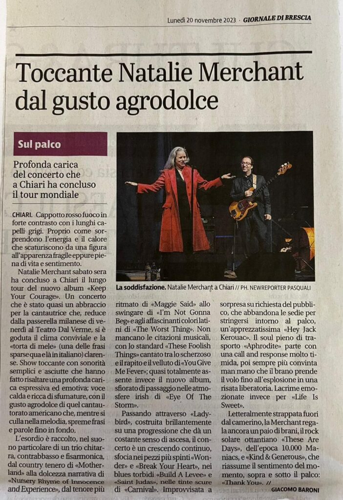 Giornale di Brescia 20 Novembre 2023 - Natalie Merchant a Chiari - ADMR Events